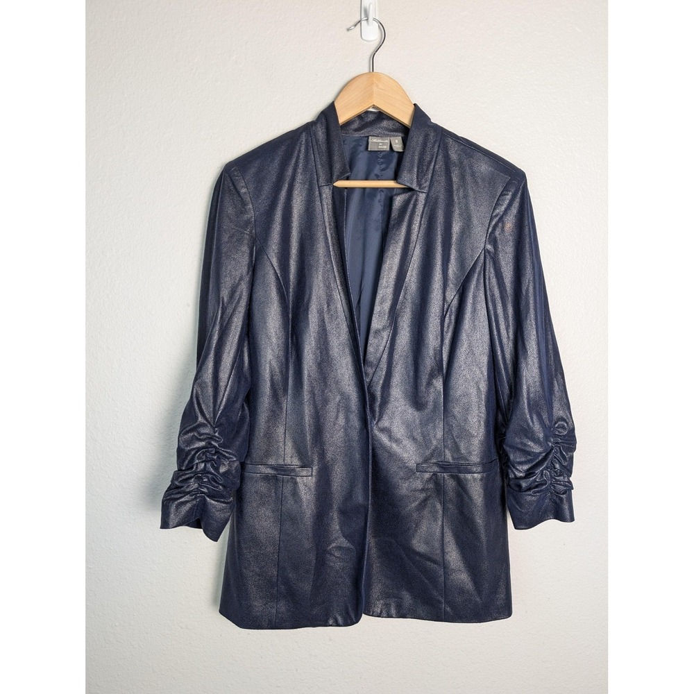 Anthracite By Muse Jacket Womens 8 Blue Faux Leather Collarless Ruched Sleeves